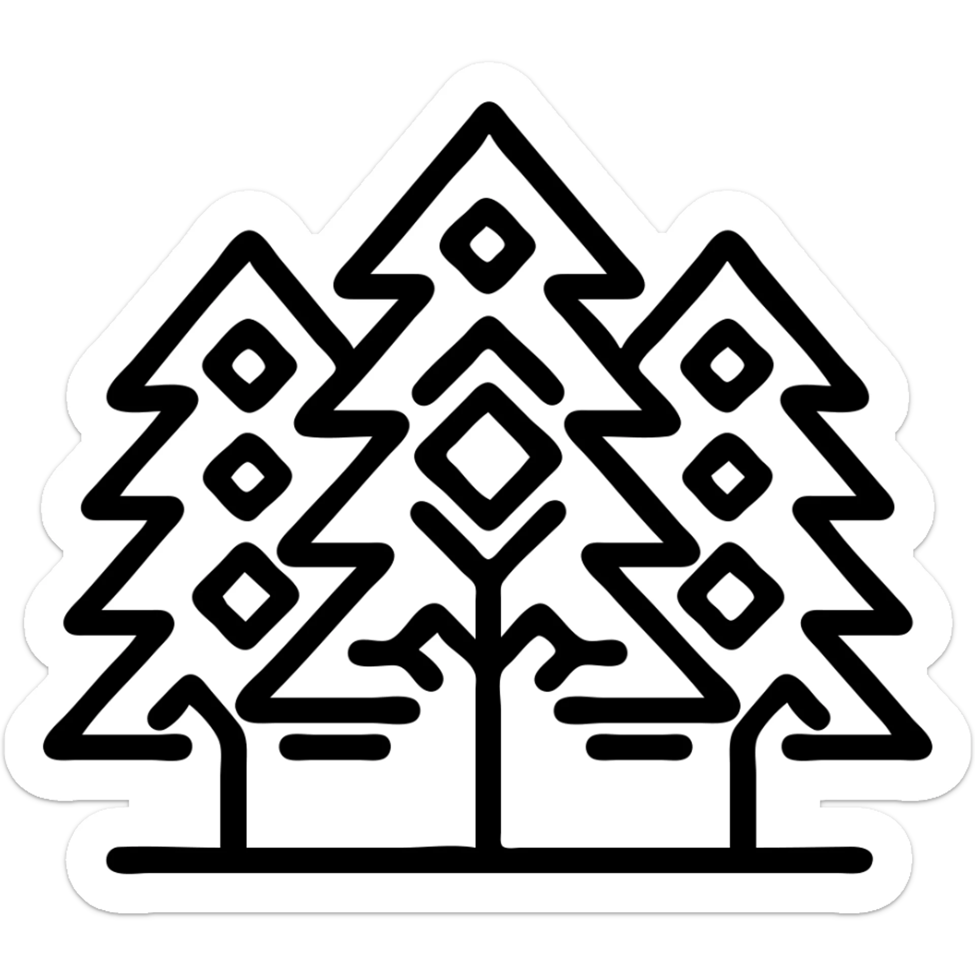 logo illustration of evergreen trees in Slavic folk art style, dark neutral forest color tones, with outlines, suitable for favicon sticker