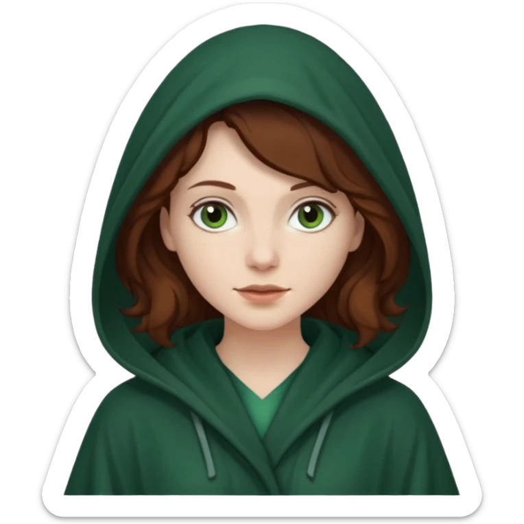 A white woman with dark auburn hair robed and hooded like she's a Traitor in the tv show The Traitors. her hair is slightly curly and the robe is a dark green sticker