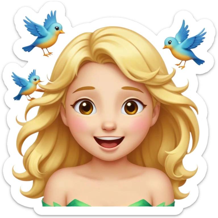 Cinematic Adorable Aurora Portrait Emoji, Giggling in surprise as birds land on her shoulders, cheeks flushed, golden locks bouncing, an irresistible mix of playfulness and beauty! sticker