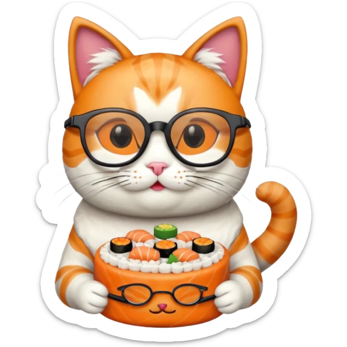 cat with cool square shaped glasses eating a birthday cake made out of sushi sticker