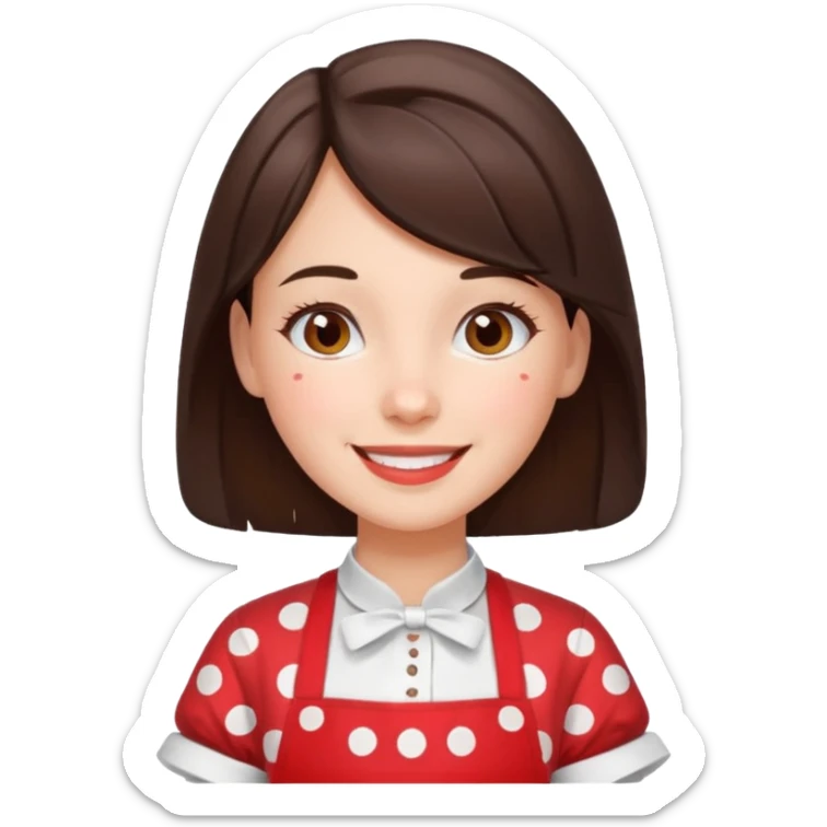 A brunette housewife girl in a red apron with white polka dots. Smiling  sticker