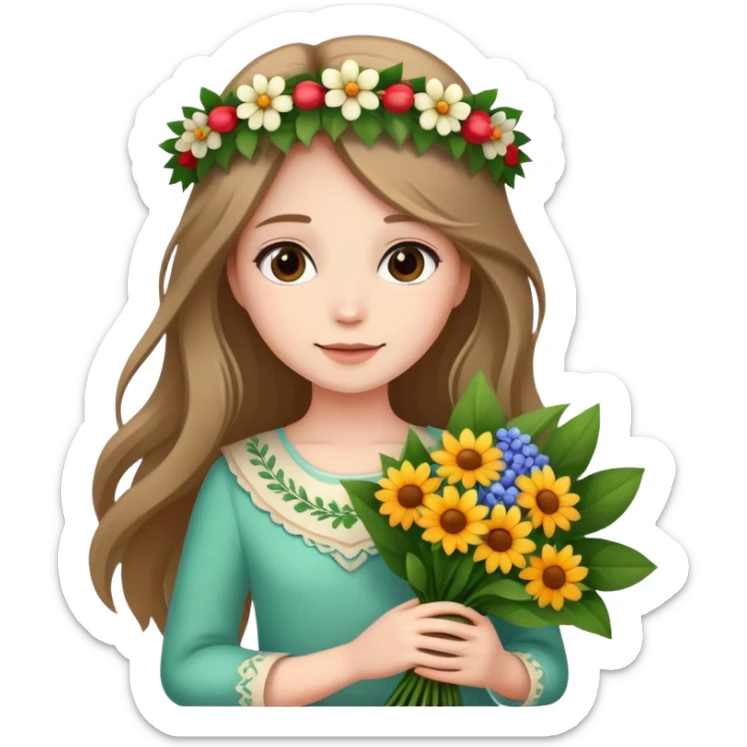 Beautiful girl with long hair and a wreath holding a bouquet of flowers sticker