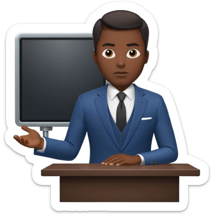 news anchor black skin man, with a screen with a prompter in front of her sticker