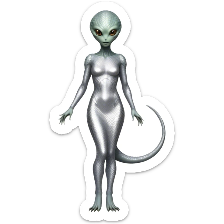 alien reptilian woman in silver dress, full body brown eyes sticker