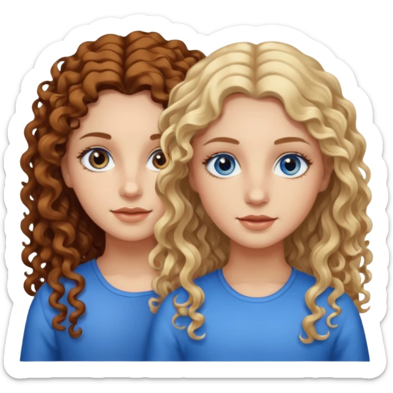 Twin sisters, one has brown eyes, long curly brown hair, the other one has blond hair and blue eyes sticker