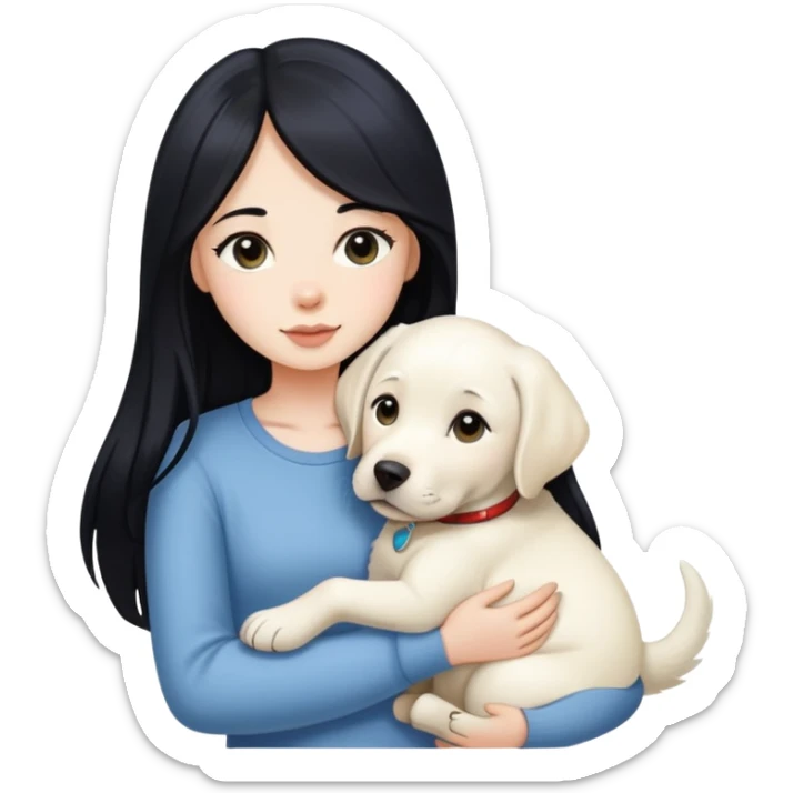 A beautiful girl with long black hair and fair skin is holding a white Labrador sticker