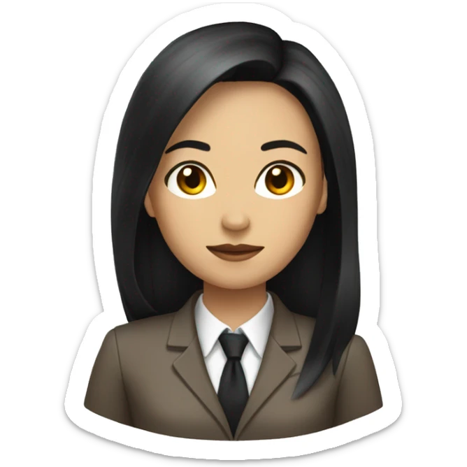 Female defense attorney with long black hair with brown suit sticker