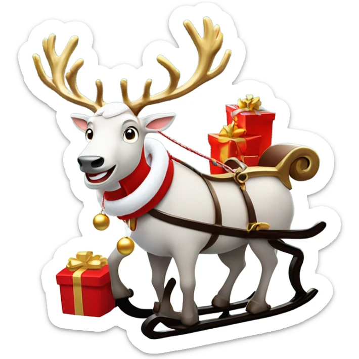 A white Audi Q3 as Santa Claus’s modern sleigh, harnessed to a reindeer with a red bridle and golden bells, set in a snowy winter scene. sticker