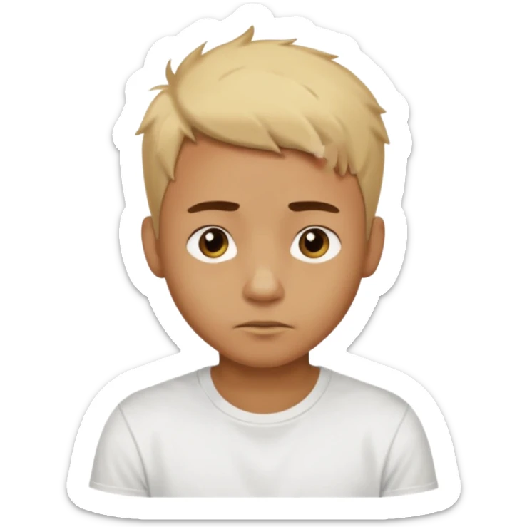 caramel skin colored Male with short buzz, messy blonde hair, large expressive golden-brown eyes, brown skin color, scar over nose, wearing a plain white t-shirt. sticker