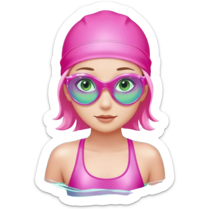 pretty girl with green eyes pink swim cap holographic swimming glasses and cute profesional swimmer pink swimsuit without her hair visible swimming sticker