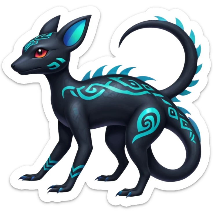 Colorful Neon Exotic Salandit-Aurorus-Umbreon-Fakémon-hybrid-creature (full body) with iridescent tribal markings sticker