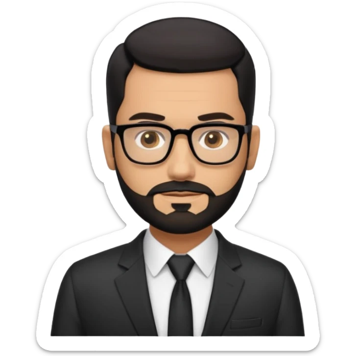 Attractive Hispanic TV host in his mid to late 40s with light brown skin, short straight black hair slicked back with fade on sides, square handsome face with strong jawline, friendly approachable expression, black beard, wearing glasses sticker
