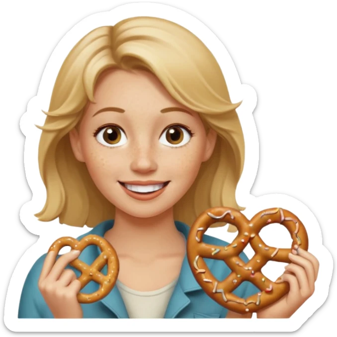 Woman with Dirty blond hair, fair skin with freckles,  holding pretzels and winking one eye sticker