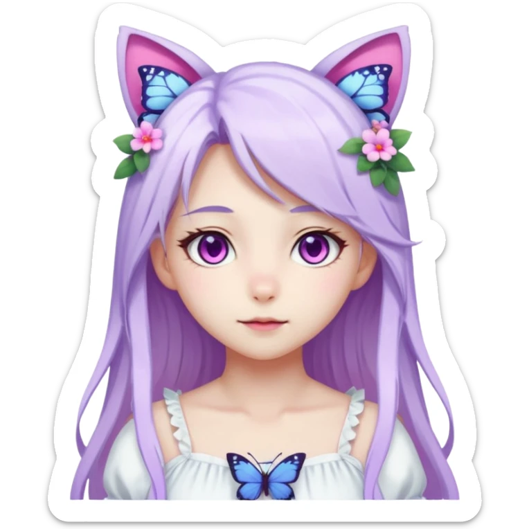 female anime character with pink eyes long white hair periwinkle highlights and cat ears on her head. She is wearing a white dress with purple flowers and butterfly. sticker