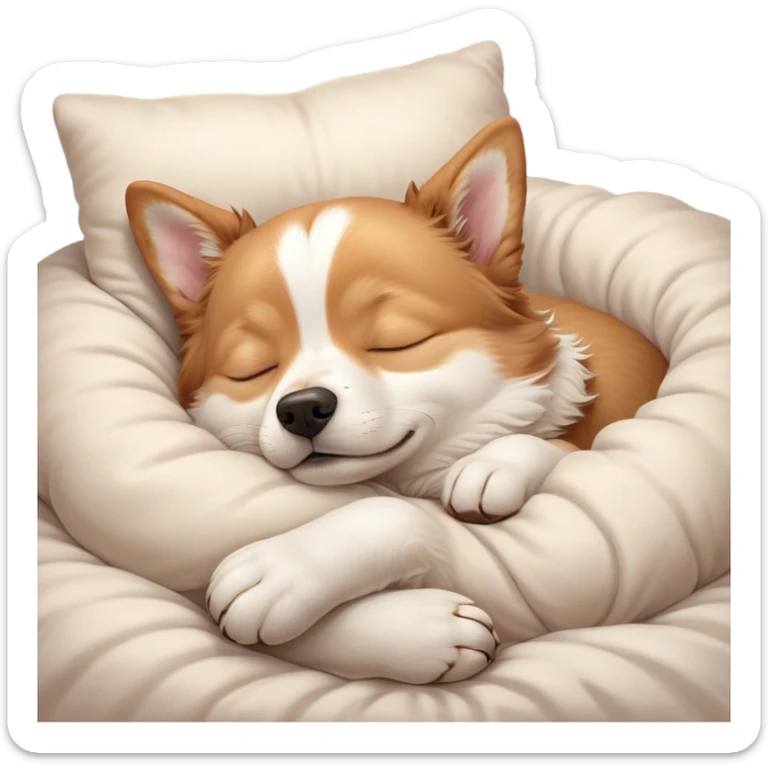 Meme-Worthy Cute Sleeping Domestic Dog Portrait Emoji, Head resting peacefully with a contented smile, showcasing a delightfully cuddly build and a luxuriously soft coat, eyes gently closed in serene, restful slumber, Simplified yet hilariously adorable features, highly detailed, glowing with a soft, drowsy light, high shine, relaxed and utterly lovable, stylized with an air of playful laziness, soft glowing outline, capturing the essence of a sleeping dog that feels destined to become the next viral sensation of adorable rest! sticker