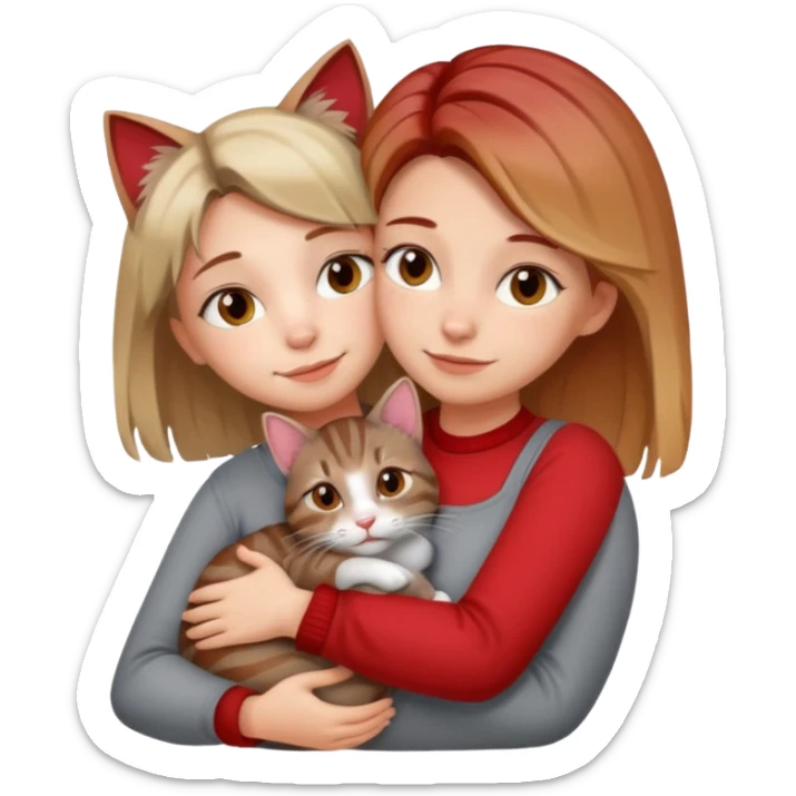 Une femme avec les cheveux dégradée, châtain et blond, qui fait un câlin à son chat gris, tigré avec des reflets roux sticker