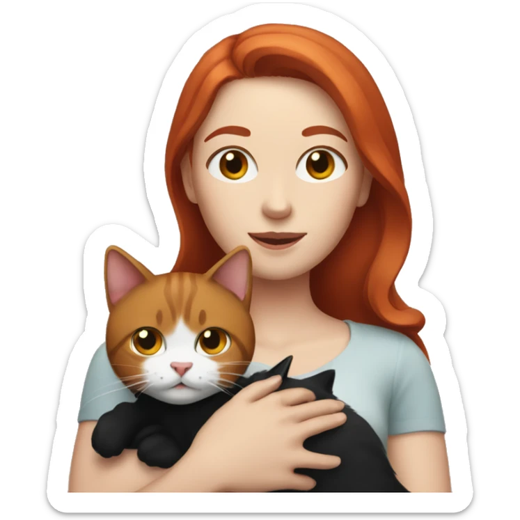 a woman with red hair holding a black and white cat in her arms sticker