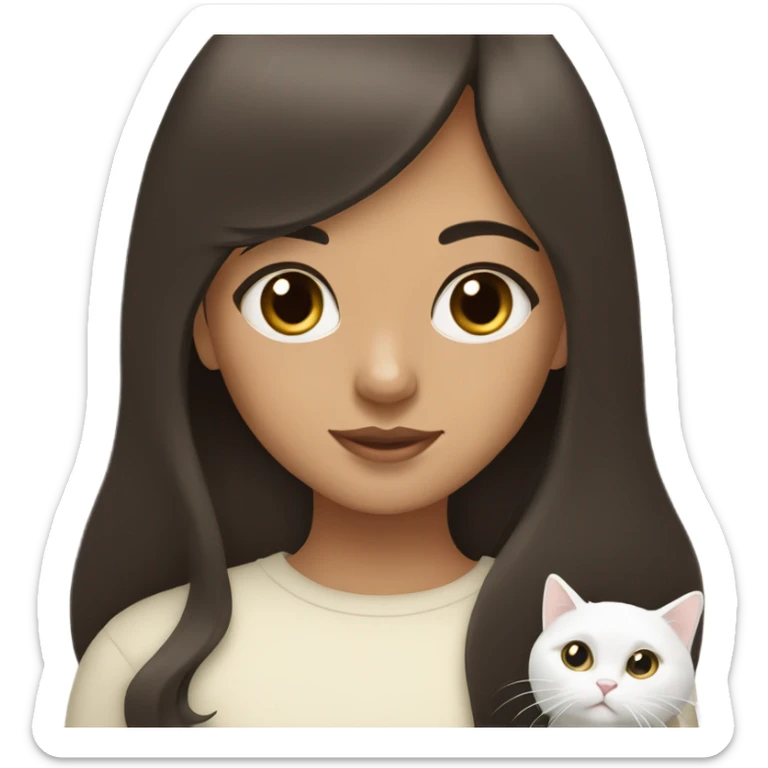 Dark brown haired girl with olive skin with straight bangs and long hair holding a white cat  sticker