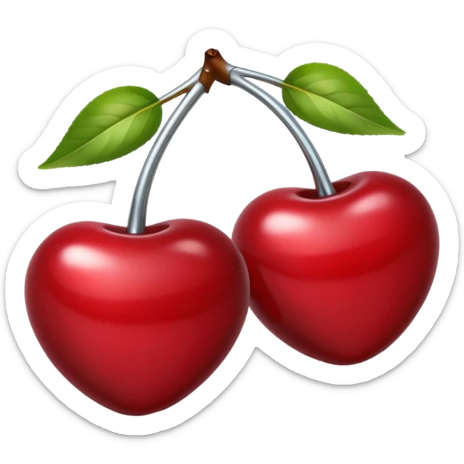 A pair of cherries emoji made of polished silver chrome, smooth rounded shapes, glossy metallic finish, soft highlights and reflections, cute proportions, iOS emoji style, centered, clean white background, no text sticker