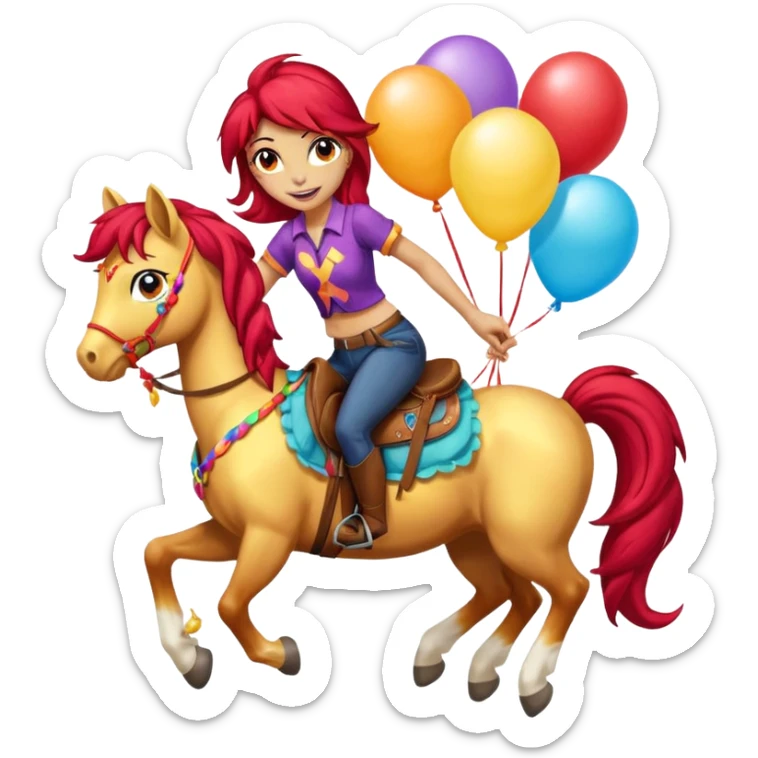 sunset shimmer mlp holding colorful balloons tied to its saddle, looking cheerful. sticker