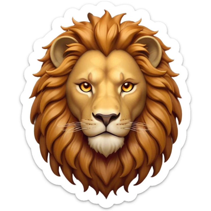 Cinematic Noble Lion Portrait Emoji, Poised and regal, with a powerful, muscular build and a majestic, tawny mane, deep-set soulful amber eyes, Simplified yet sharp and sophisticated features, highly detailed, glowing with a warm, dignified glow, high shine, intelligent and fierce, stylized with an air of wild majesty, focused and attentive, soft glowing outline, capturing the essence of a watchful and confident king, so majestic it feels as though it could roar out of the screen with effortless authority! sticker