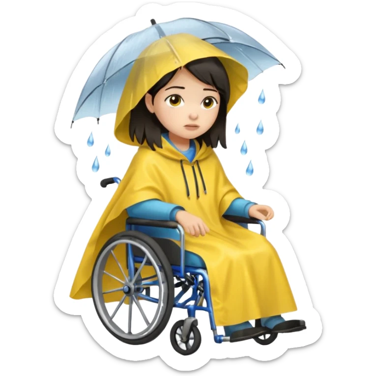 Girl with dark hair  in a wheelchair with rain poncho sad with raining  sticker