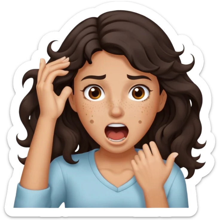 girl very dark brown wavy hair freckles tan skin color brown eyes hands holding neck screaming sticker