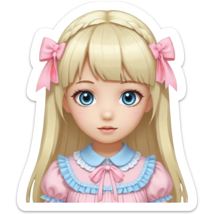 girl , who has straight hair blonde and baby bule swirled hair with bangs , grey eyes , and doll like makeup , in a light pink lolita hime gyaru dress  sticker