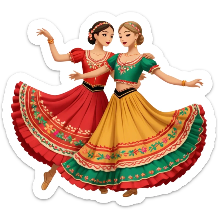 Cinematic Realistic scene of two dancers performing the Tarantella, dressed in vibrant, flowing traditional costumes with detailed embroidery and dynamic skirts, captured in festive motion with warm, lively lighting sticker