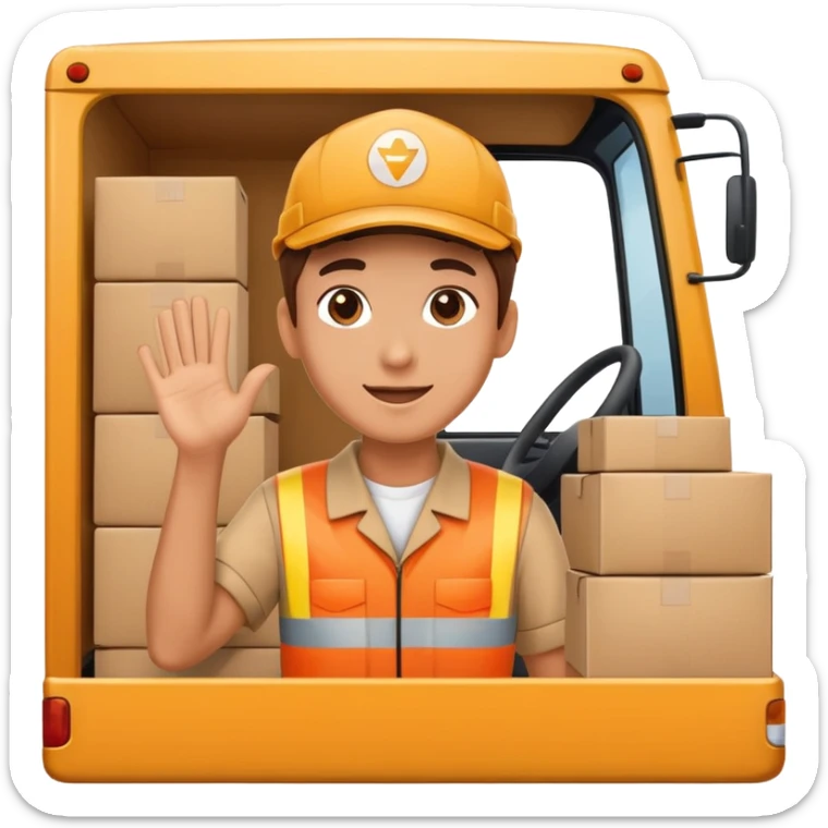 truck with a supplier in work uniform sitting inside, waving hi, lots of packages in the truck sticker