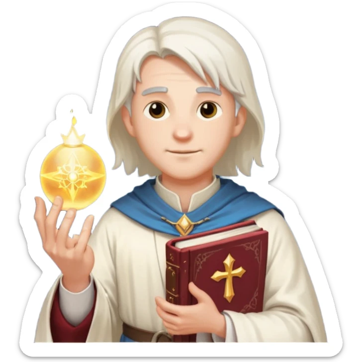 dnd cleric holding a holy book in one hand and having a ball of light in the other sticker