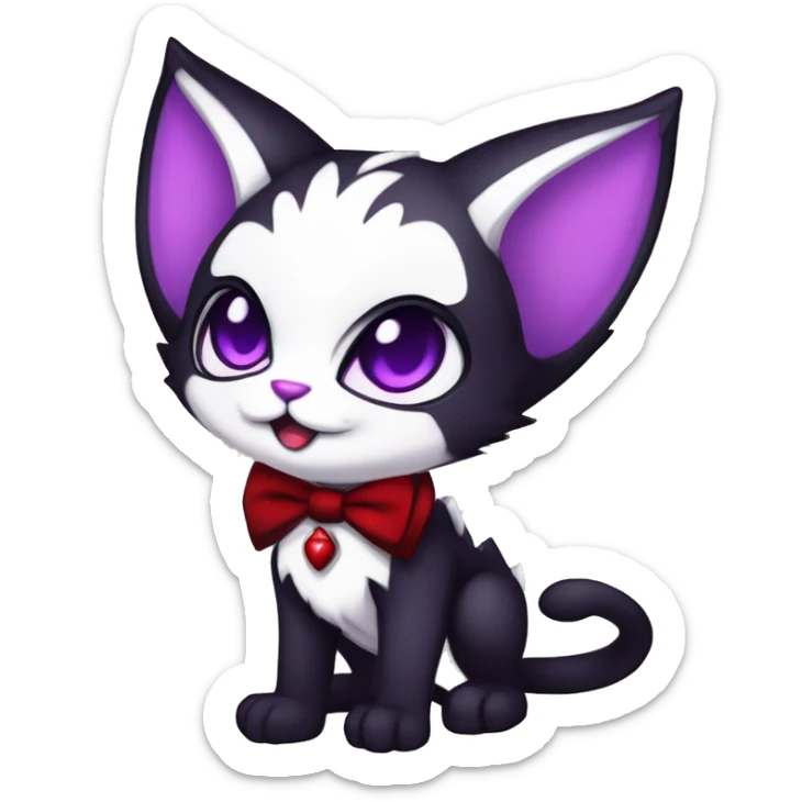 Cute-Evil-Vampiric-Batty-Cat-Black-Purple-Red-White-Contrast-Colors-Fantasy-Fur-Sona-Chibi-Shiny-Fakémon-Hybrid with horns and big fangs neck bow white tie leg spats full body sticker