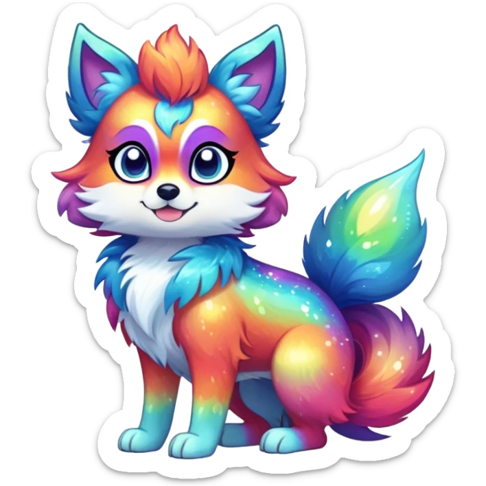 Vibrant multicolored Falvie-Fionbri-creature-sparkle-canine-fursona, full body sticker