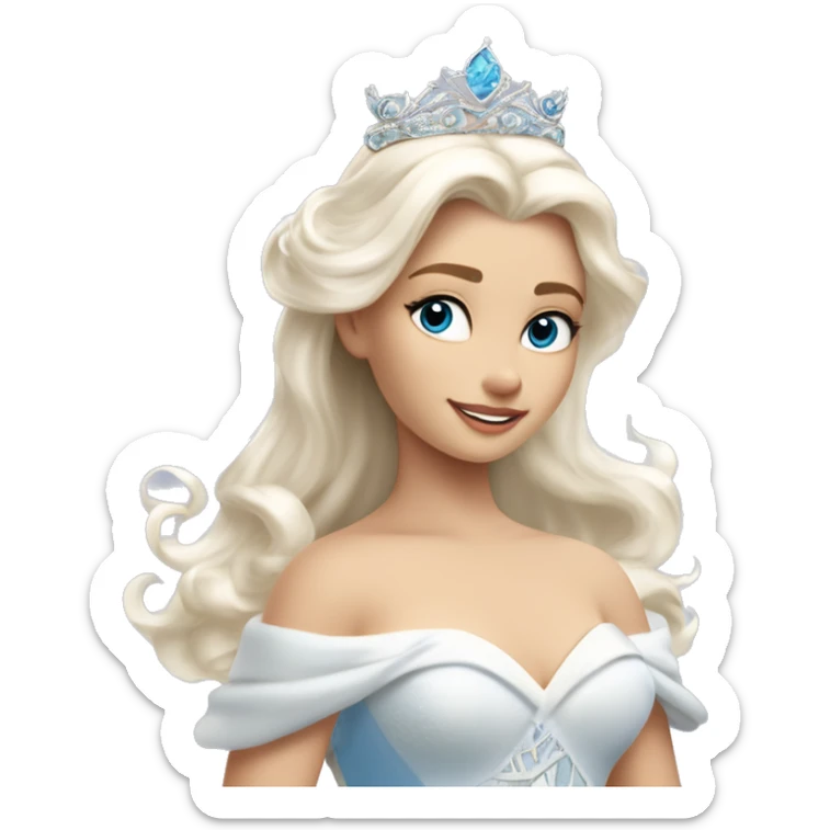 The Swan Princess, a beautiful young woman with platinum blonde hair, ocean-blue eyes, and a swan-inspired dress and tiara, exudes allure as she combs her hair gracefully in the wind,her skin is pale and she is a whole white sticker