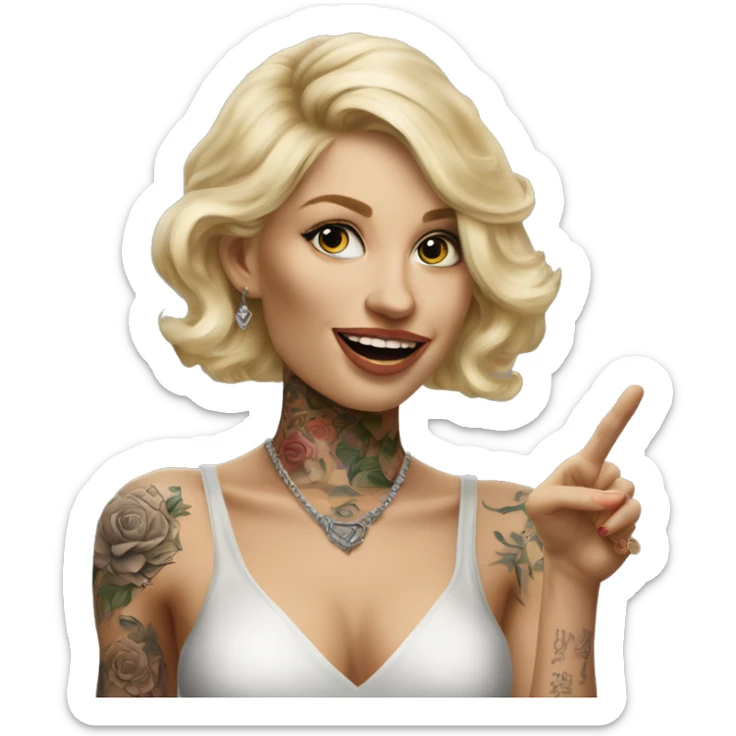 Blonde elegant women, her Body Covered with Tattoos, POINTING to YOU FORWARD with her ONE HAND , Hyper realistic sticker