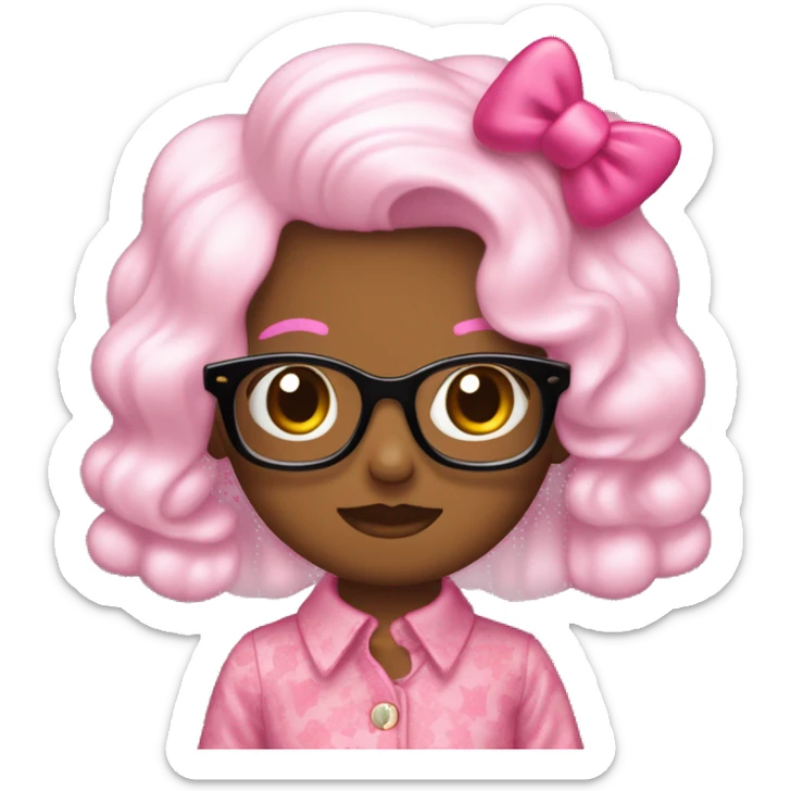 Pelo largo y ondulado,con fleco que tapa as o meno la cara,con lentes rosas y blusa de hello kitty  sticker