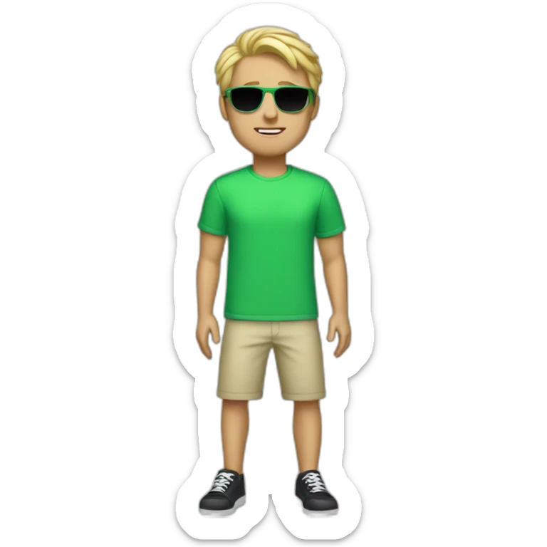 Guy with blond hair green t shirt sunglasses black short and white and blue shoes sticker