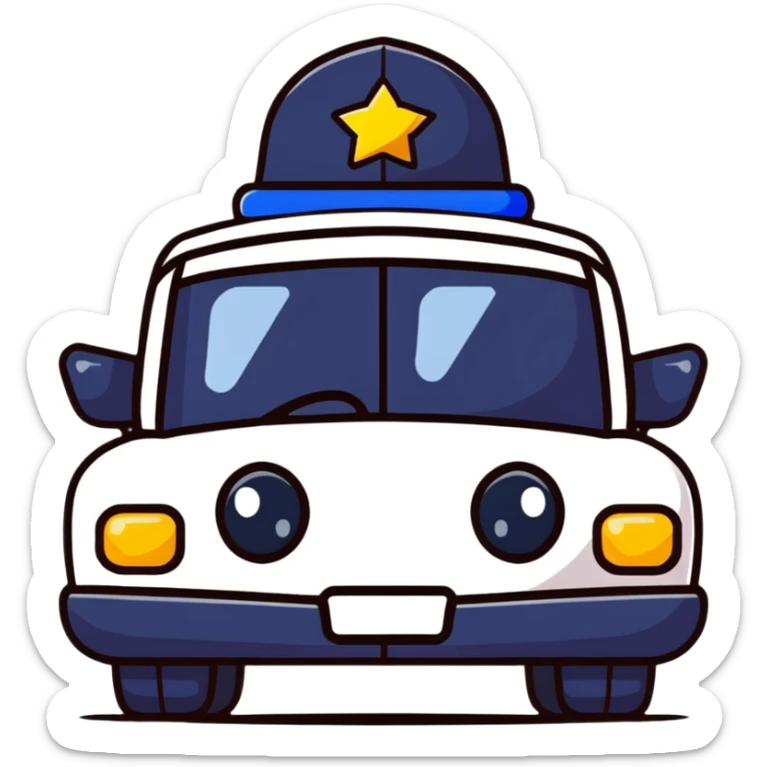 A cartoon police car character with a cute face, flashing lights and a small badge sticker