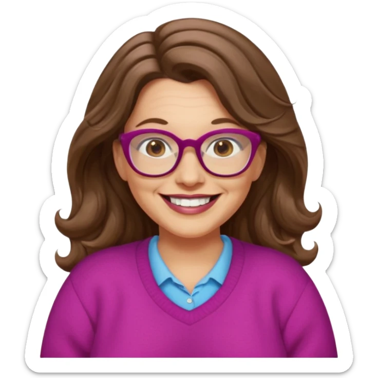 50 yr Caucasian woman, long brown hair parted on side, brown eyes, brown glasses, big smile, white teeth, fuscia sweater, chubby, wavy hair sticker