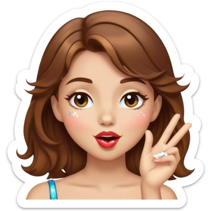 Girl with brown hair blowing a kiss with sparkles and winking sticker