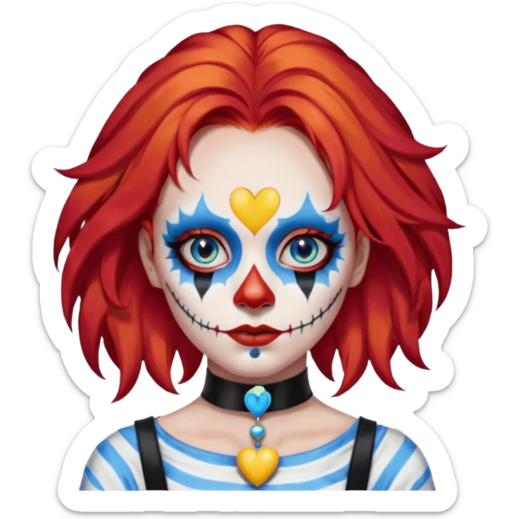wendy thomas  the clown from gta rp nopixel she has a blue sun covering right eye with three yellow lines below her right eye and above her left eye this is her clown makeup . she has long bright red hair and light blue eyes with ablack heart choker and black bunny ears. with a skeleton shirt sticker