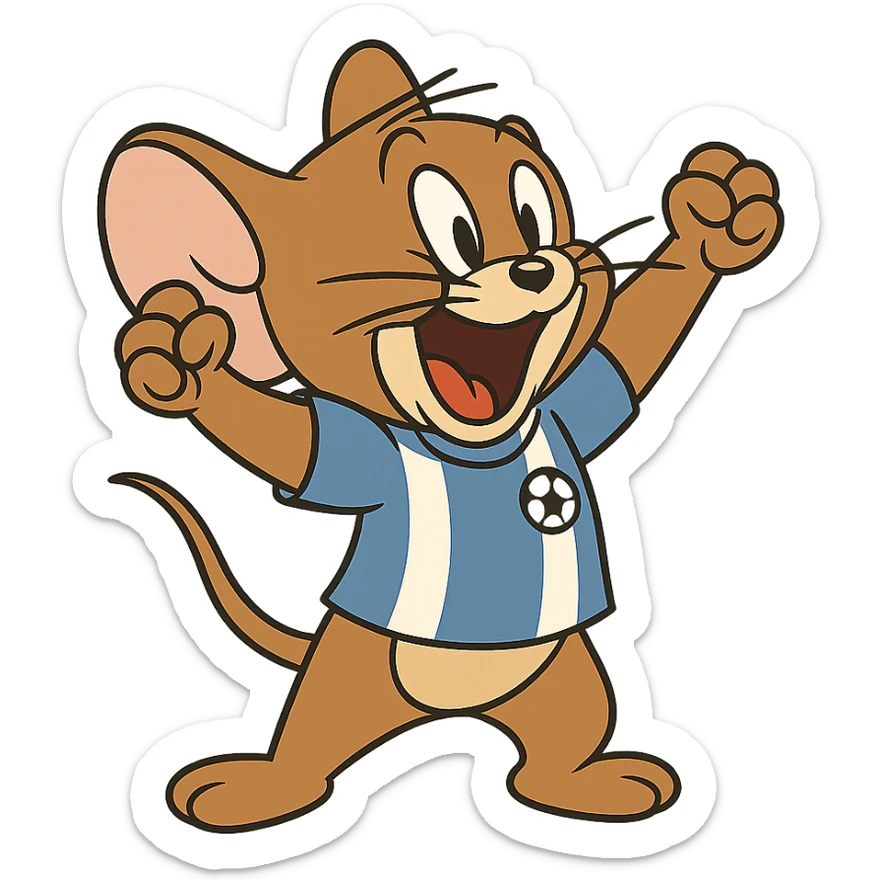 Jerry from Tom & Jerry, wearing a tiny soccer jersey, cheering. sticker