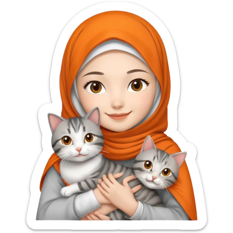Asian White girl wearing orange hijab and white dress holding a black grey tabby cat while smiling.  sticker