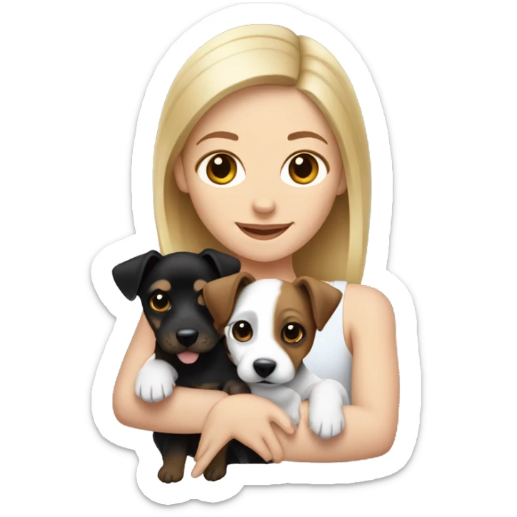 Blonde woman holding a black brown and white jack russell terrier puppy sticker