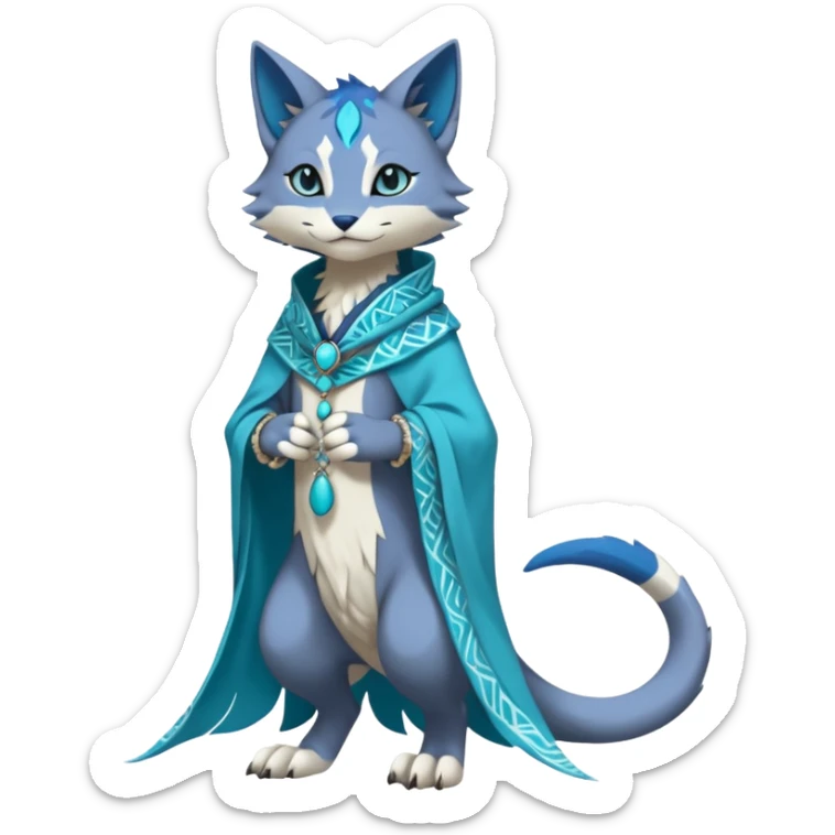 Kawaii cute Indigo Turquoise Grey beautiful pretty elegant divine edgy feline-vernid-sergal-Fakémon-Pokémon-Digimon-fursona-animal-creature, full body, with intricate detailed markings, silken shawl, decorative anklets sticker