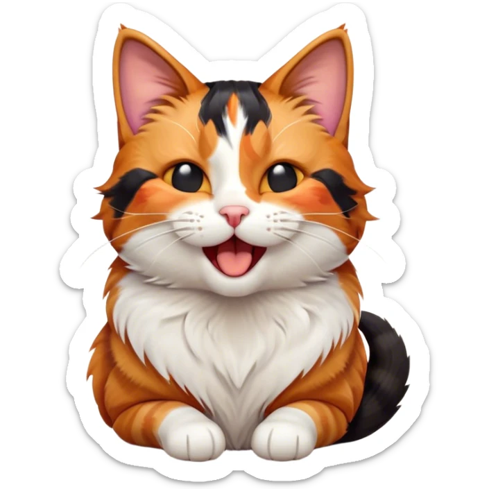 Cinematic Cute Yawning Calico Cat Portrait Emoji, Head tilted mid-yawn with a charming, relaxed expression, showcasing a soft patchwork fur of vibrant orange, black, and white, simplified yet irresistibly adorable, highly detailed, glowing with a cozy, gentle radiance, high shine, exuding sleepy yet endearing charm, styled with a soft glowing outline, capturing the essence of a calico cat caught in a delightful yawn that seems ready to cuddle up for a nap! sticker