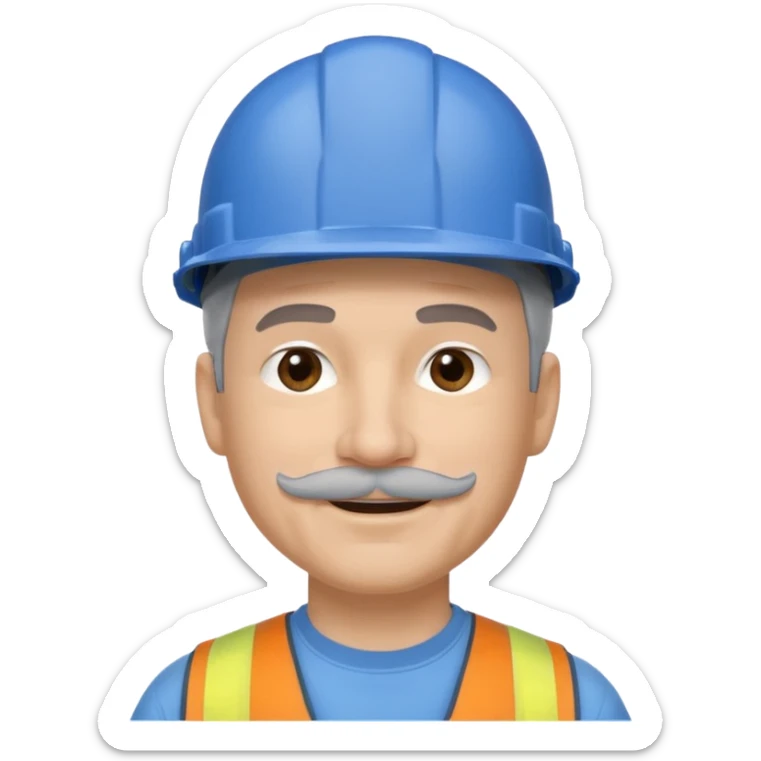 A man emoji with light skin, wearing a blue construction helmet, short gray hair on the sides, straight eyebrows, brown eyes, a small nose, and a thin gray mustache above his smiling mouth. sticker