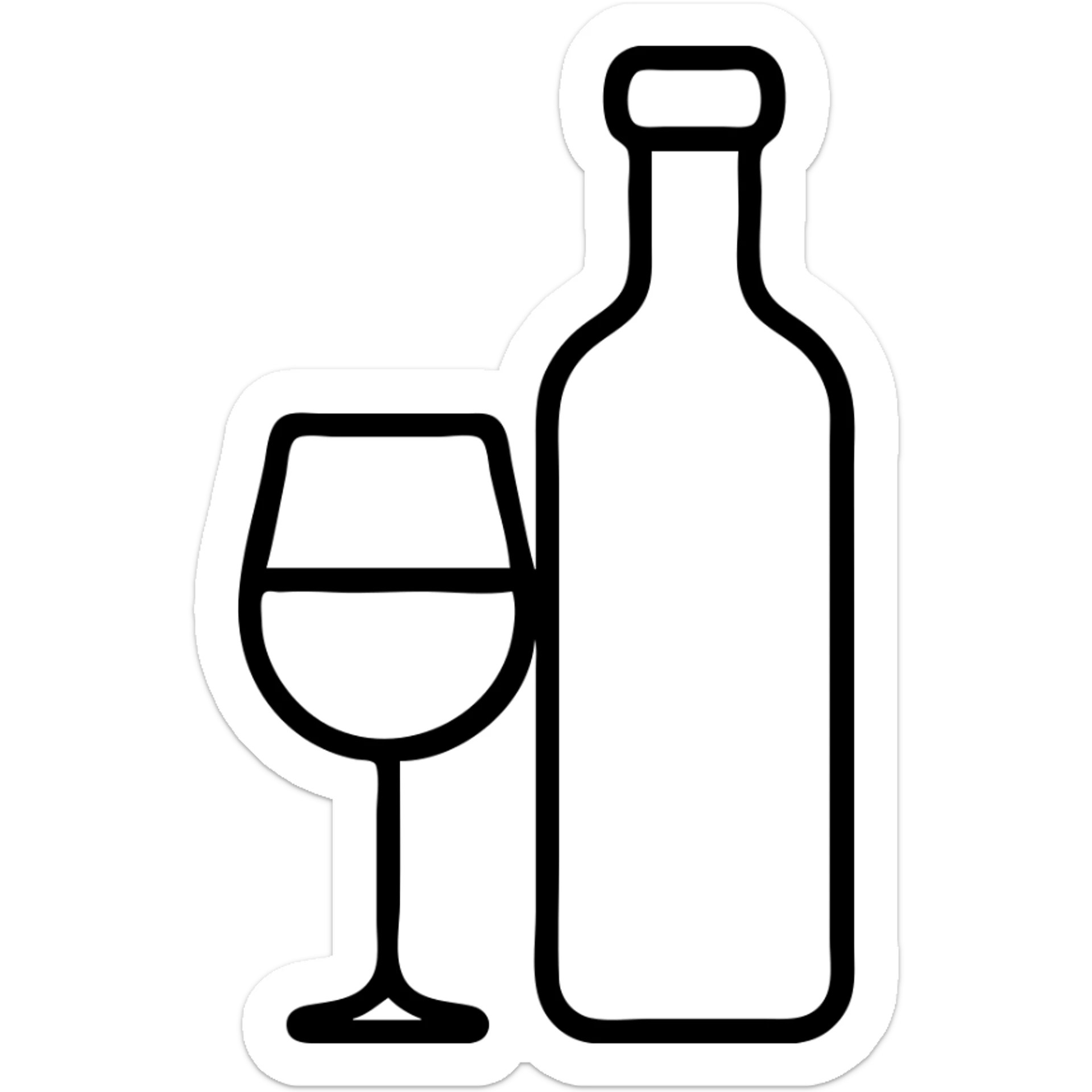 outline icon of a glass of wine and a wine bottle, white color only sticker