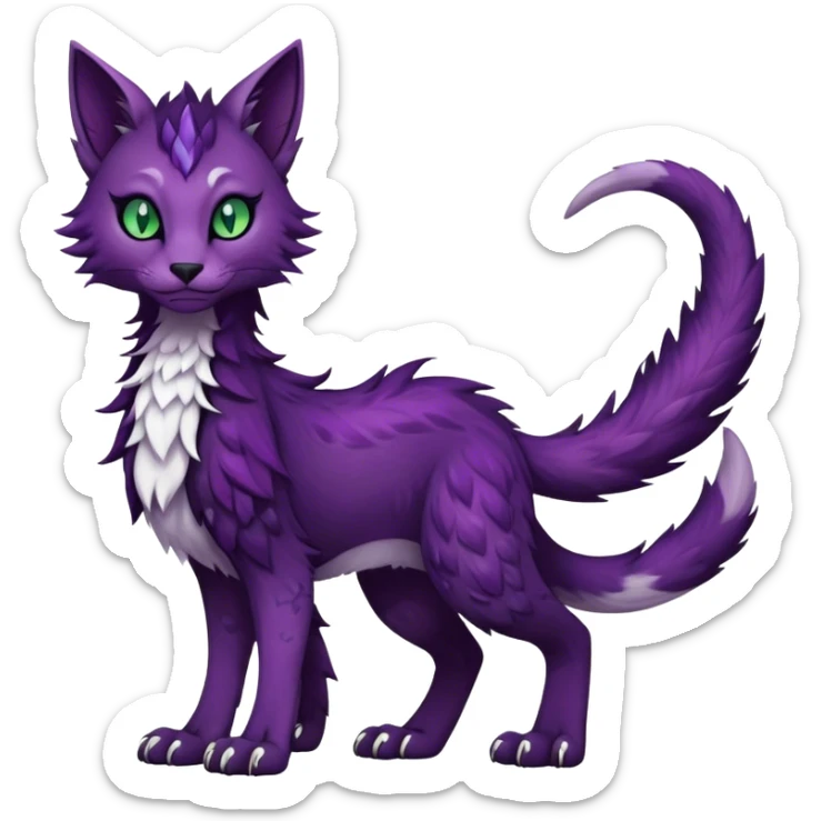 Kawaii dark edgy dark deep purplish with dark green eyes fantasy ethereal feline-vernid-sergal-fursona animal creature with a tufted tail full body with intricate markings  sticker