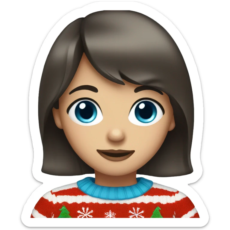 A girl with bangs of dark brown hair and blue eyes in a Christmas sweater sticker